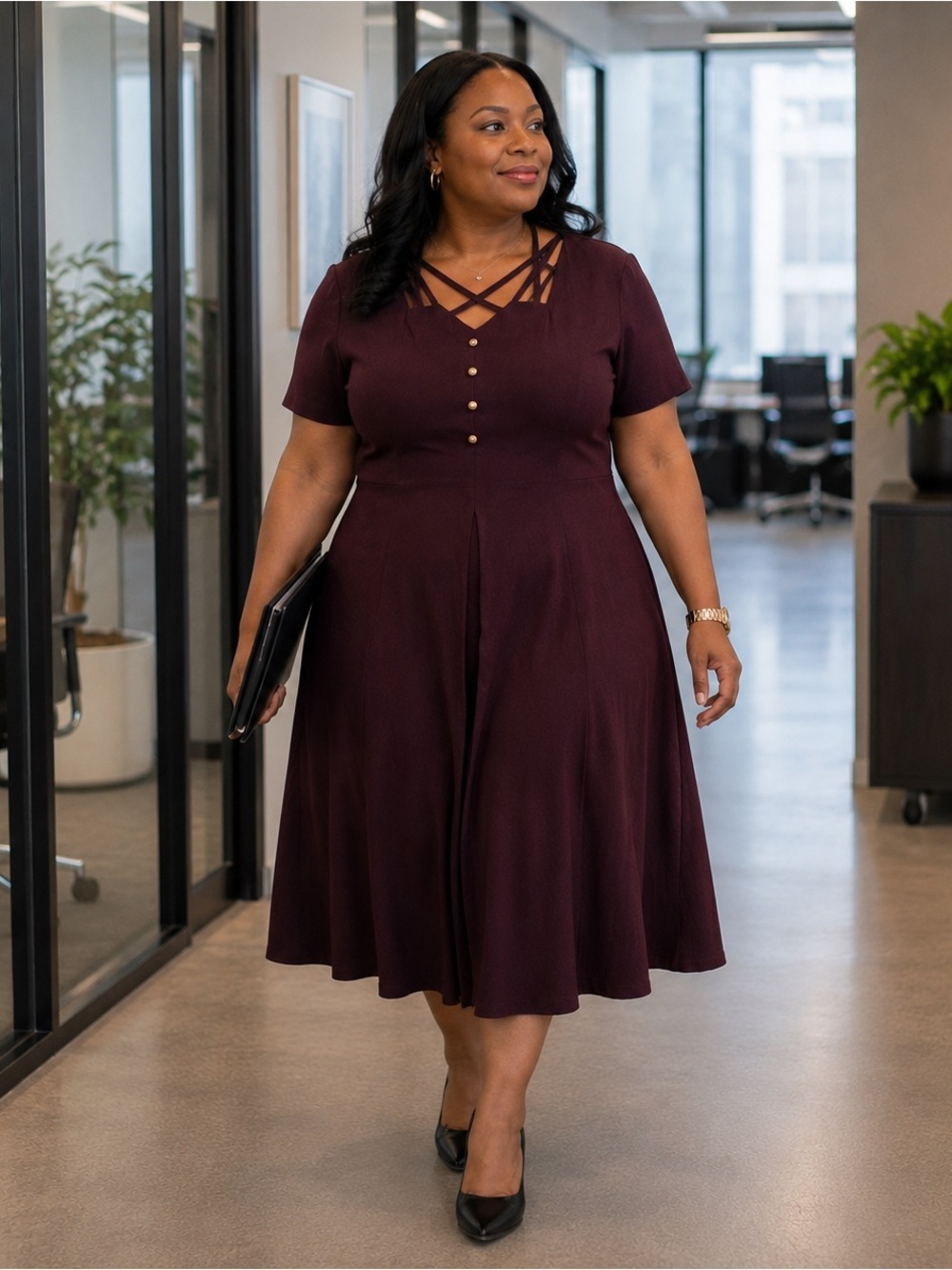Jamie Brooke Size 18 Burgundy Midi Dress Criss Cross Neck Tie Waist Career